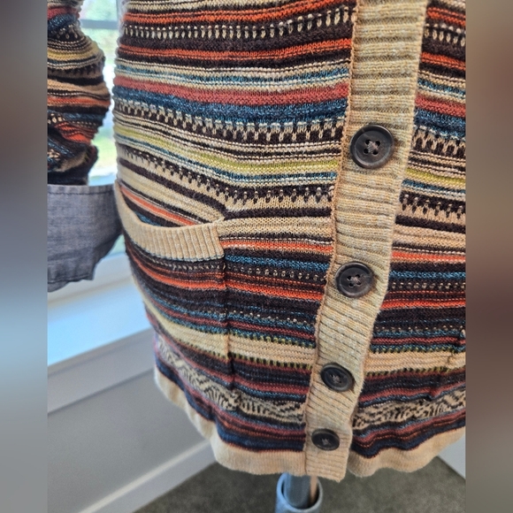 EDDIE BAUER LONG LINE BUTTON FRONT CARDIGAN COTTON SWEATER TAN STRIPE WOMEN S - Picture 14 of 15